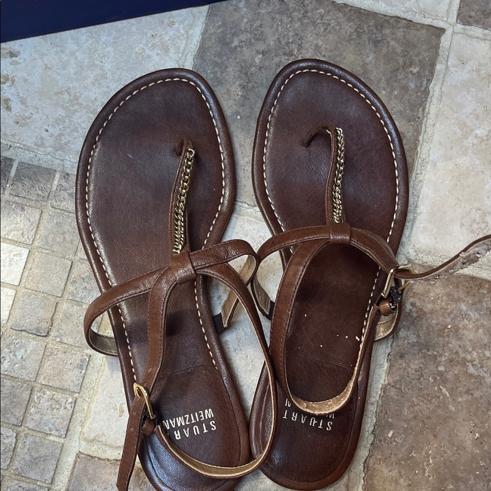 Stuart Weitzman Brown Leather Chain-Detail T-Strap Sandals Sz 7.5 **flaws** - Picture 4 of 7